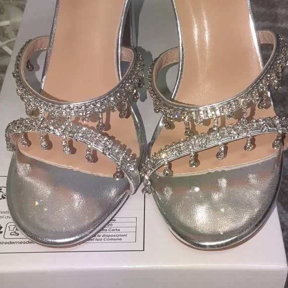 Silver Rhinestone Snake Wrap Peep Toe Stiletto Heels - Picture 4 of 9